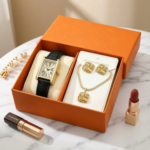 Montre <span class=keywords><strong>pour</strong></span> <span class=keywords><strong>femme</strong></span> minimaliste vintage, ensemble complet avec collier et boucles d'oreilles, cadran carré, alliage, cuir, quartz - Product Image 1