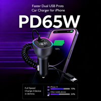Cargador de Coche con Cable Retráctil Tipo-C de 3 Puertos, PD/USB-C/QC3.0/USB-A, Carga Rápida, Adaptador para Encendedor de Cigarrillos, para Coches de 12-24V, 1 Año de Garantía