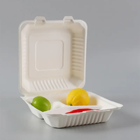 Boîte à lunch carrée jetable biodégradable 9*9, barquette à emporter à 3 compartiments, 1200 ml, conteneur alimentaire en bagasse de canne à sucre