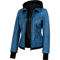 Blouson de moto en cuir de chèvre bleu pour femme avec capuche, fermeture éclair, coupe-vent, manteau d'automne, vente en gros, fournisseur de LOGO personnalisé 2026