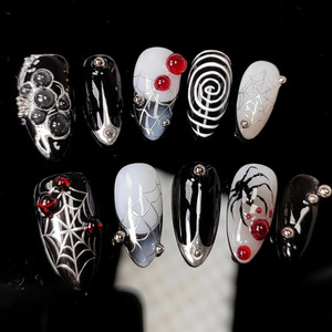 30 faux ongles en forme d'amande, motif toile d'araignée 3D, strass et gouttes de sang, réutilisables, pour manucure DIY, pour fête à thème, Halloween - Product Image 1
