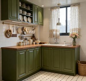 Armoires de cuisine vertes vintage modernes |   Étagère ouverte suspendue et poignées en laiton |   Conception européenne sans cadre et mise en page gratuite en 48h - Product Image 2