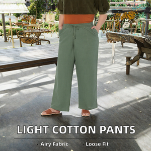 Pantalon large en lin et coton pour femme, décontracté, avec cordon de serrage et taille élastique, idéal pour l'été, vente en gros, personnalisation OEM - Product Image 2