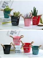 Pot Bunga Retro Warna-warni dari Logam, Tempat Tanaman Sukulen dengan Pegangan Tali Jute, Tempat Pensil, Ember Besi Kecil, Penyimpanan Meja Rumah