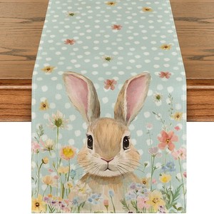 Chemin de table de Pâques rectangulaire réutilisable à imprimé floral de lapin pour décoration intérieure - Product Image 1