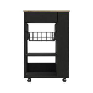 Chariot de cuisine noir en wengue à 5 étagères et 1 tiroir avec plateau en chêne clair, design moderne pour le rangement de la cuisine - Product Image 4