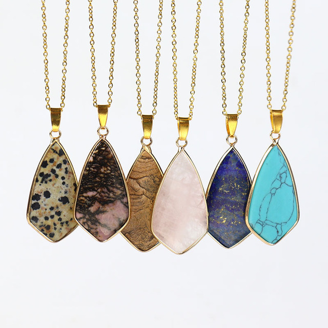 Bulk Factory Crystal Jasper Jade Rose Quartz Polygon Gemstone Link Necklaces, Rhombus Stone Necklace