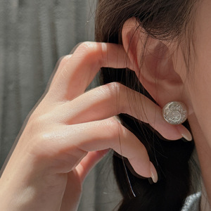 S925 Pure <b>Silver</b> Brushed Round <b>Stud</b> Earrings Simple Fashionable Antique Vintage Style with Zircon Niche Design Ear Accessories - Product Image 2