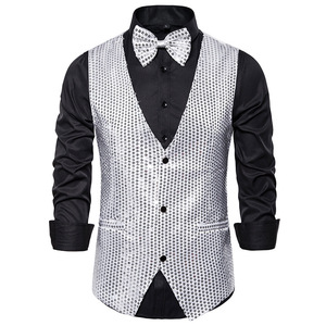 Saldi di Liquidazione Nuovi Arrivi Gilet Monopetto da Uomo con Scollo a V Senza Maniche con Paillettes Dorate per Matrimoni e Feste - Product Image 6