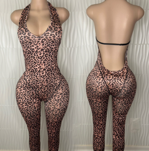 Viviblook Z1012JP01 verano nuevo estampado de leopardo Sexy cuello en V espalda descubierta Slim Fit cuello colgante mono Bodycon - Product Image 1
