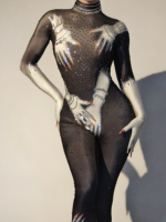 Brillant Sexy à manches longues avec gants body Showgirl Pole Dancer justaucorps femmes barboteuses dames une pièce strass combinaison