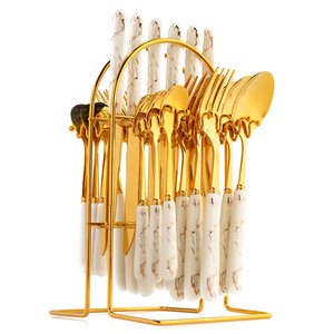 Ensemble de 24 couteaux, fourchettes et cuillères à motif marbré avec manches en imitation céramique - Product Image 1