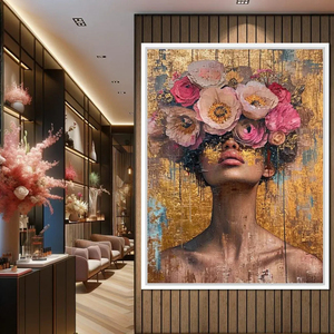 Pétales dorés, cheveux floraux, portrait abstrait, décoration élégante, <span class=keywords><strong>art</strong></span> féminin texturé, toile rose dorée, décoration intérieure de la maison - Product Image 1