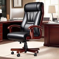 Chaise de bureau en bois Minis, confortable pour une utilisation prolongée, chaise de conférence noire avec siège en cuir véritable, dossier haut fixe