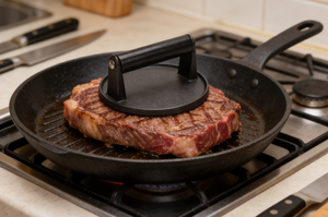 Prensa redonda <span class=keywords><strong>de</strong></span> hierro fundido con mango <span class=keywords><strong>de</strong></span> madera, precurada, para asar carne, hamburguesas, bistecs y tocino en parrillas y sartenes. - Product Image 6