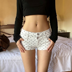 Shorts Casuales Versátiles de Verano para Chicas, Estilo Urbano, Diseño Básico con Estampado de Puntos Blancos y Negros, Cintura Baja y Doble Cintura - Product Image 2