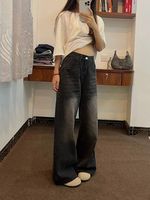 Celana Jeans Wanita Model Baggy Desain Khusus, Bahan Bernapas, Kaki Lebar, Anti Kusut, Warna Gelap, Ukuran Plus