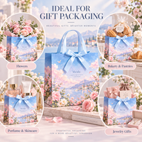 Sac en papier cadeau personnalisé avec poignée en ruban, motif floral bleu pastel, plusieurs tailles, impression personnalisée, emballage de marque