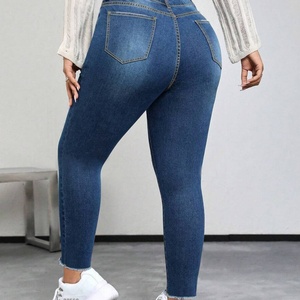 Wholesale Plus Size Women Dark Blue <b>Button</b> Ripped Skinny Pencil Women <b>Jeans</b> Fashion Stretchy Mid Waist Ladies Legging Pants - Product Image 5
