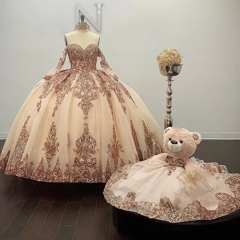 rose gold dresses for sweet 16 Peach Tulle Rose Gold Beaded Long Evening Prom Dresses, Cheap Custom S –  SposaDresses main image 0