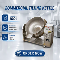 Marmite à gaz compacte de 100 L avec enveloppe chauffante, inclinable, pour cuisine centralisée, restaurant, préparation de soupes, currys et sauces, en acier inoxydable 304 de qualité alimentaire