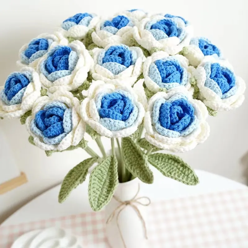 wholesale colorful Handmade Crochet knitting woolen yarn Artificial rose Bouquet for gift