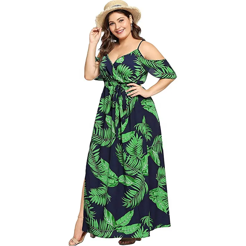 MANNI Amazon Plus Size Dresses Cold Shoulder V Neck Slit Hem Floral Tropical Maxi Dress