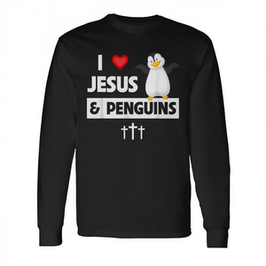Camiseta cristiana de manga larga con diseño de pájaro sin alas y Biblia, con la frase 'I Love Jesus And Penguins' - Product Image 2