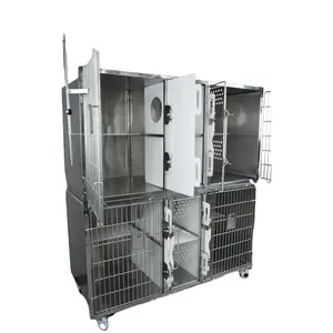 Lüks kalite kedi üreme kafesi paslanmaz çelik kafesleri tekerlekler ile hayvan kliniği için dört kapı kedi paslanmaz çelik kafes