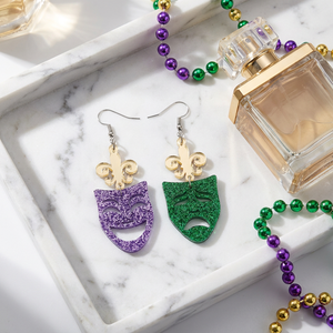 Boucles d'oreilles <span class=keywords><strong>masque</strong></span> Mardi Gras, pailletées violettes et vertes, asymétriques, motif fleur de lys, bijoux de carnaval, cadeau, vente en gros - Product Image 5
