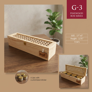 กล่องของขวัญไม้สนทำมือ G-3 ขนาด 17x5x3.75 นิ้ว 4 ช่องใส่ขวด ถาดสีทอง ดีไซน์ดั้งเดิม งานฝีมือศิลปะ ศาสนา - Product Image 4