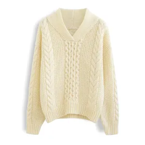 Fabricantes de ropa personalizada Mujeres Jumper Tops Pullover Amarillo claro Cuello en V Cable Knit Loose Fit Casual Fall Sweater
