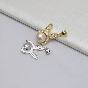 Pendentif en argent S925 Wenchi Han avec perle, motif oreilles de lapin, simple et tendance, 9-10 mm, composants de bijoux DIY à suspendre, modèle vide - Product Image 2