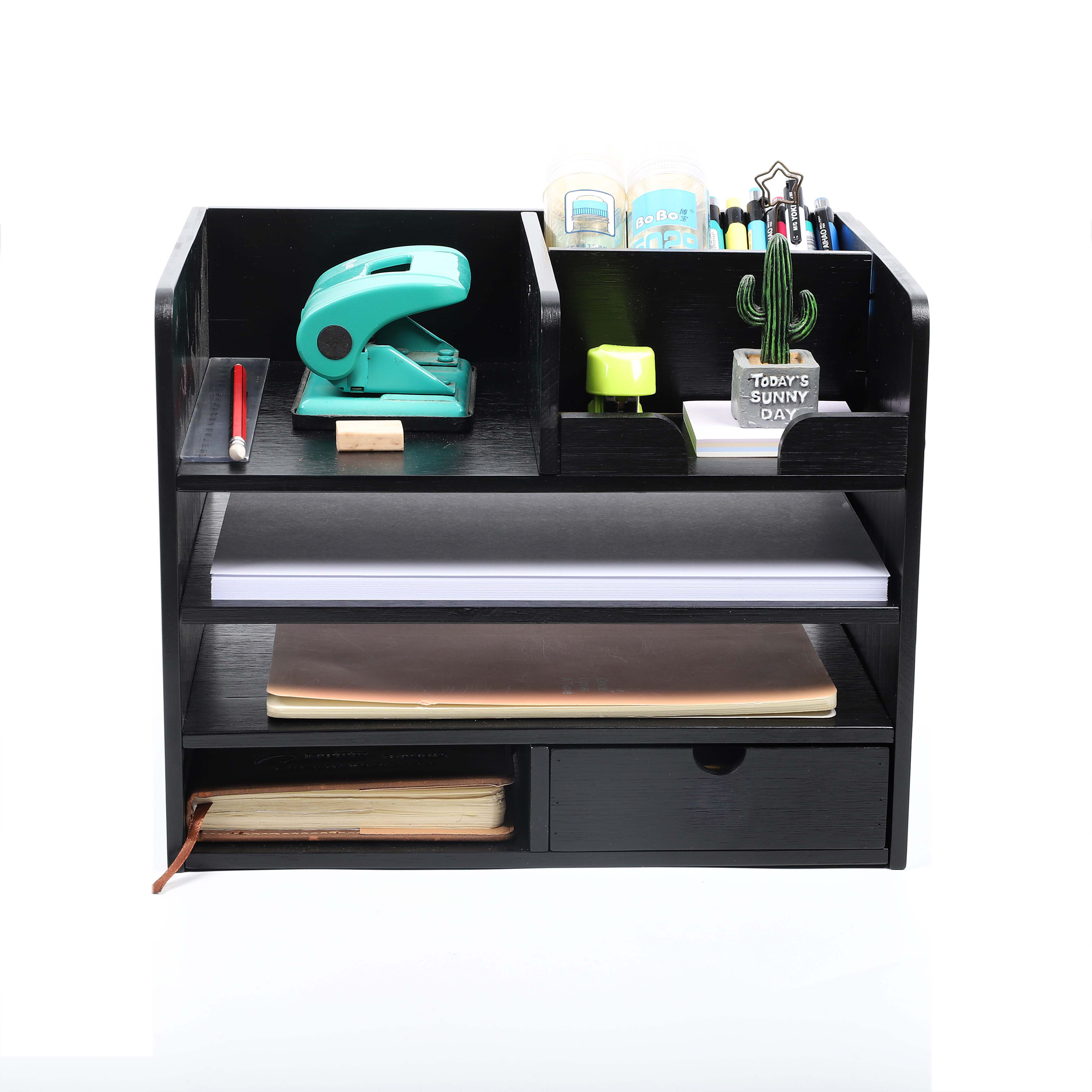 bamboo Desk organizer storage notes and pens, drawer, office home organization rack black color
