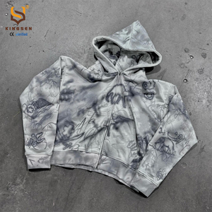 เสื้อฮู้ดซิปผู้ชายสไตล์สตรีทแวร์พิมพ์ลายกราฟฟิตีเต็มตัวแบบซิป  ทรงโอเวอร์ไซส์  สีซีดแบบซันเฟด  ดีไซน์ขาดๆ แบบดิสเทรส - Product Image 1