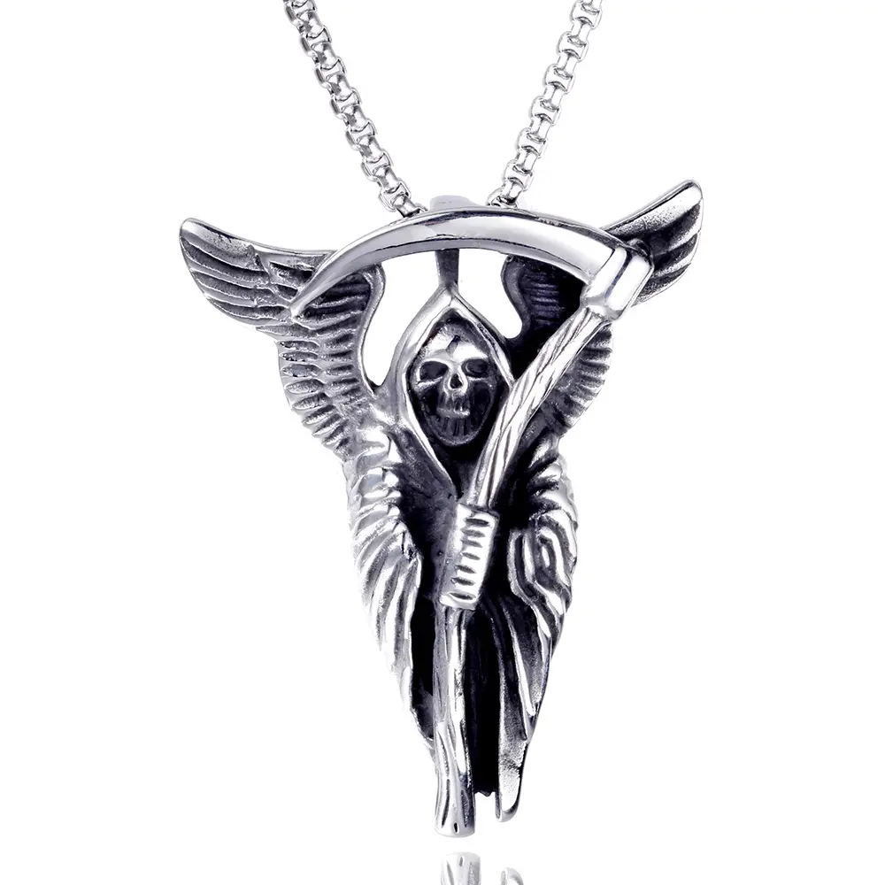 Colgante de plata de acero inoxidable con alas de Ángel para hombre, cadena con diseño de calavera de motorista, santo, Santa Claus, venta al por mayor