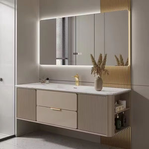 Meuble-lavabo de salle de bain intelligent moderne de luxe couleur chaude en MDF laqué avec miroir nid d'abeille et éclairage LED, vasque en céramique blanche pour usage hospitalier - Product Image 2