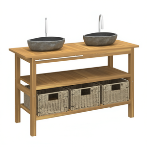 Mueble de Baño de Madera Maciza de Teca de 60 Pulgadas con Lavabos de Piedra de Río, Estilo Rústico, de Pie - Product Image 1