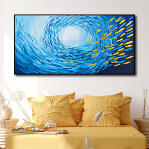 Pesce dorato blu contemporaneo dipinto a mano pittura a <span class=keywords><strong>olio</strong></span> su tela grande arte oceano <span class=keywords><strong>mare</strong></span> pittura a <span class=keywords><strong>olio</strong></span> profonda decorazione per la casa - Product Image 3