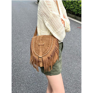 Women's Retro <b>Tassel</b> Bag Zippered Crossbody Polyester Lined Faux Suede Saddle Bag Fashion Trend-Hundreds <b>Handbags</b> - Product Image 2