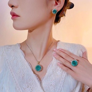 Fashion Eco-friendly 16-10mm Green Zircon Rose Gold Pendant <b>Earrings</b> Ring Set Copper Classy Jewelry Sets for Women - Product Image 6