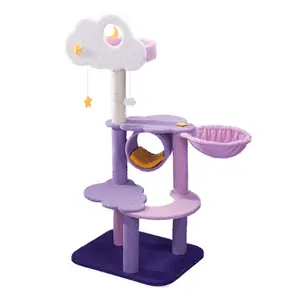 Factory Wholesale Purple cute plush comfortable Pet Furniture Large Climbing Frame Scratcher cat house tree with tunnel