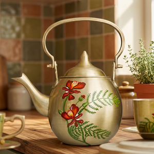 Bouilloire à thé dorée à motif floral avec poignée et couvercle, pot à eau en métal, design floral - Product Image 5