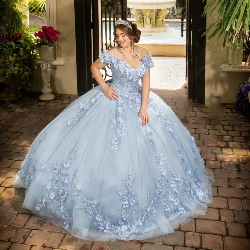 15 dresses blue and white Off-Shoulder and Blue Embroidered winter wonderland quinceanera Gown Dress