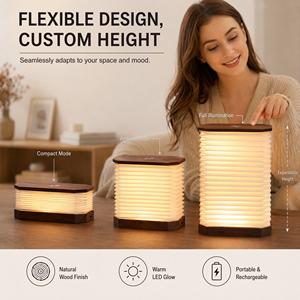 Lampada di Carta Rettangolare Pieghevole per Piccoli Spazi, <span class=keywords><strong>Luce</strong></span> LED Espandibile Verticale con Base in Legno, Ricaricabile USB-C, Salvaspazio - Product Image 3