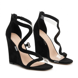 Sandales <span class=keywords><strong>compensées</strong></span> <span class=keywords><strong>noires</strong></span> en daim pour femme Kingdi, à bout ouvert, avec brides croisées et fermeture éclair arrière, talons hauts pour soirées et événements - Product Image 2