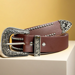 Sabuk Coklat Etnik Vintage untuk Wanita Aksesori Ikat Pinggang Punk Barat dengan Rivet untuk Rok dan Jeans - Product Image 6