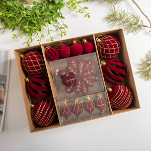 Ensemble de Boules de Noël de Luxe 2026 en Velours Rouge Vin, Ornements Scintillants Floqués en Forme de Fleur de Poinsettia, Décorations Suspendues - Product Image 1