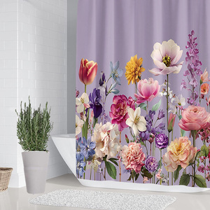 Set di 4 Pezzi <span class=keywords><strong>Tenda</strong></span> Doccia Impermeabile Floreale Vintage Personalizzata, Poliestere <span class=keywords><strong>Lilla</strong></span>, Decorazioni Bagno, Tappetini, Copriwater - Product Image 2