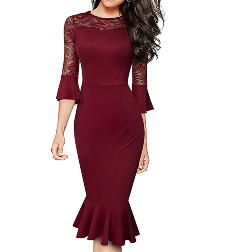 Yeni varış kadın elbise katı Elegance düz dantel üst Mermaid Midi elbise. AH_B593